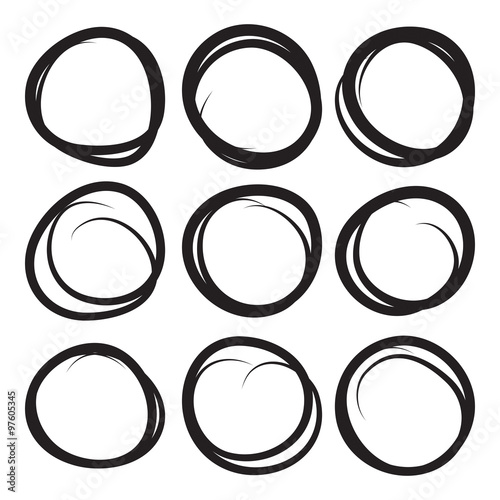 Set of nine hand drawn scribble circles and highlights, vector logo and diagrams design elements on white.