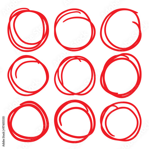 Highlighter elements, red circle set, collection of correction and hand draw circles.
