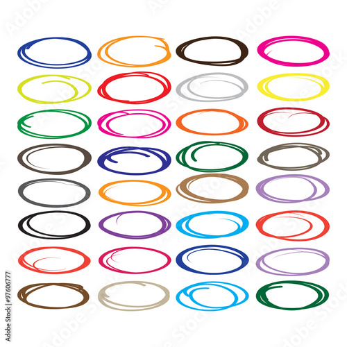 Large collection of various color oval, highlight circle, red pen drawn marks, blue circle shape set.