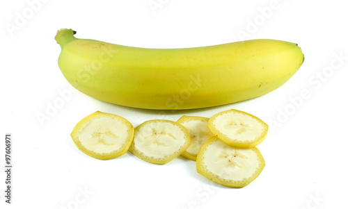 Banana fruit and slices, isolated on white background