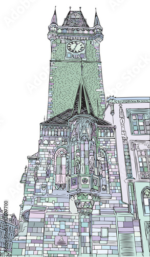 Prague town, Czech Republic. Church Of St. Francis and Square of the Knights. European city, black & white vector sketch hand drawn collection. 