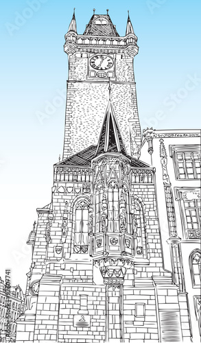 Prague town, Czech Republic. Church Of St. Francis and Square of the Knights. European city, black & white vector sketch hand drawn collection. 