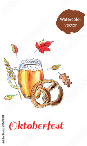 Mug of bavarian lager beer and bavarian pretzel; Oktoberfest