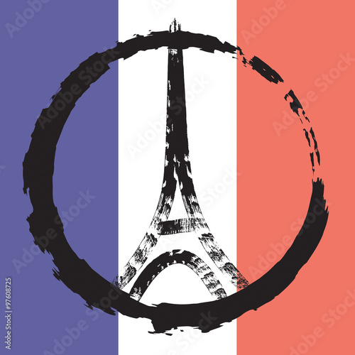 Ink an paint illustration of Eiffel tower symbol on French tricolour flag background. Drawing.