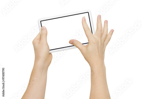 Two hands holding big screen device, zooming fingers, clipping path