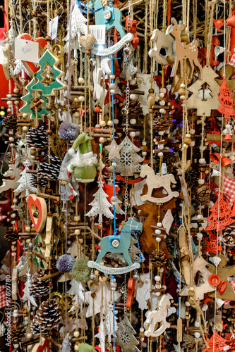 Lots of Christmas decorations hanging at the market in Vienna