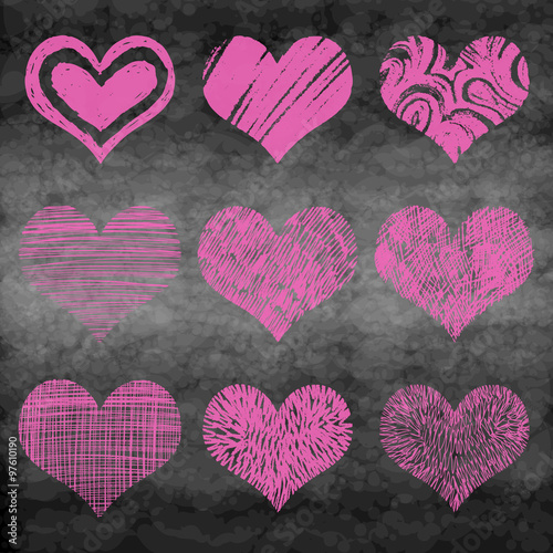 Chalk drawn vector collection of hearts. Set of heart in pink and red color on chalk board or school board. 