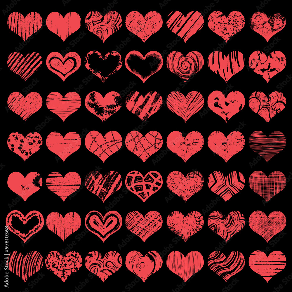 Large hand drawn heart shapes, icons in red color for valentines and wedding. Painted collection of grunge vector hearts wedding. Made of chalk, pencil and watercolour. Large hand drawn heart shapes, icons in red color for valentines and wedding. Painted collection of grunge vector hearts wedding. Made of chalk, pencil and watercolour.