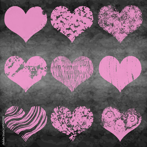 Chalk drawn vector collection of hearts. Set of heart in pink and red color on chalk board or school board. 