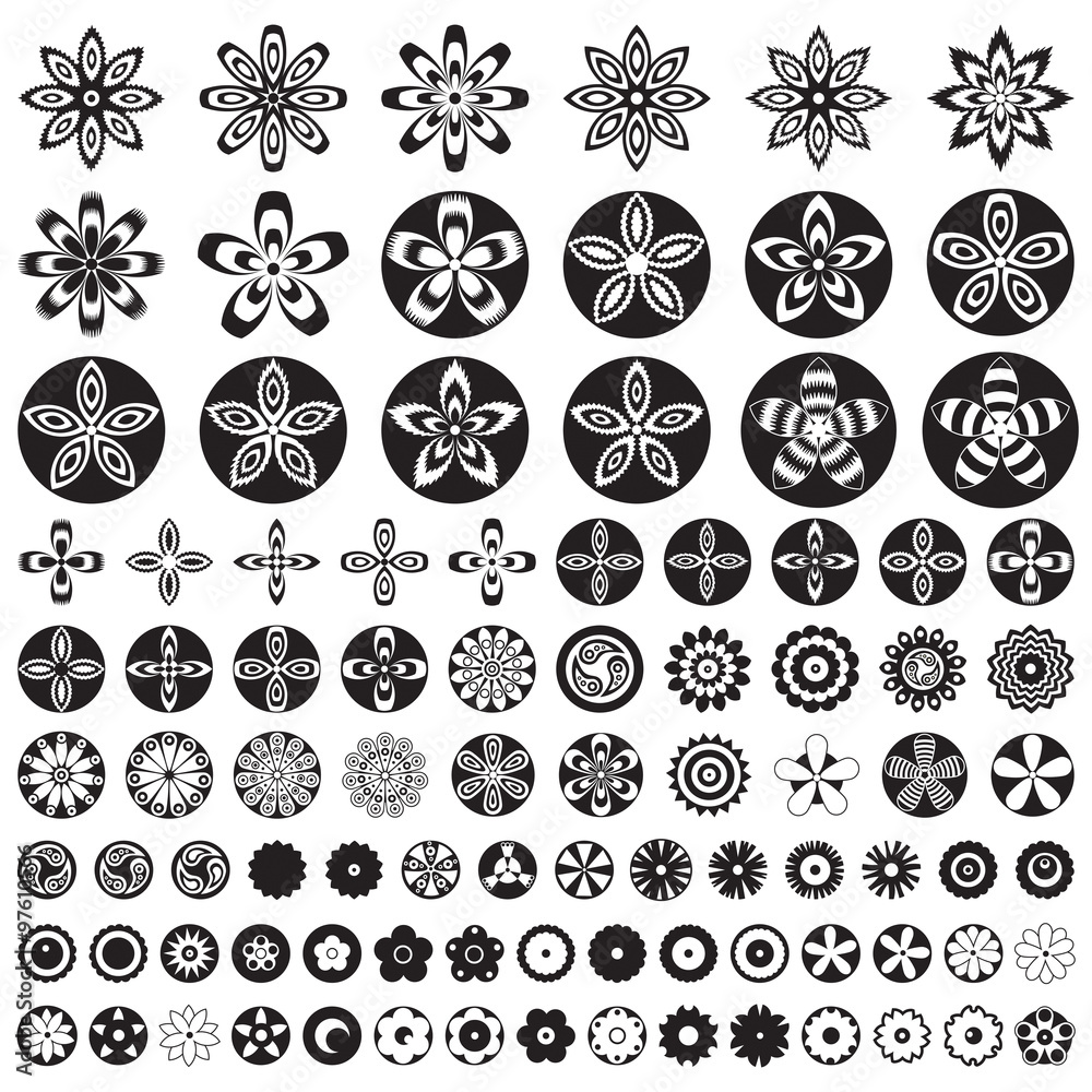 Large flower icon set. Various floral blooms, tulip, narcissus, clover, rose etc. Isolated. Large flower icon set. Various floral blooms, tulip, narcissus, clover, rose etc. Isolated.