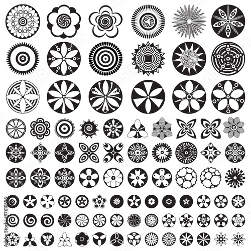 Large Set of flat icon flowers. Black and white  Isolated floral elements. Create your own design composition. Floral icons  logo  stickers  labels  tags.