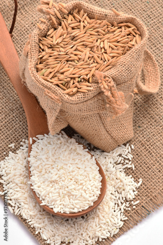 White paddy rice on wooden spoon and hemp sack with brown paddy rice seed on white background.Selective focus with shallow depth of field.