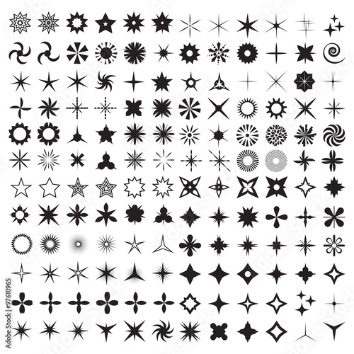 Super Set of vector sparkles icons. Star elements  camera lens light  bright stars bursts and light effect from water or glass collection. More than hundred handmade elements.