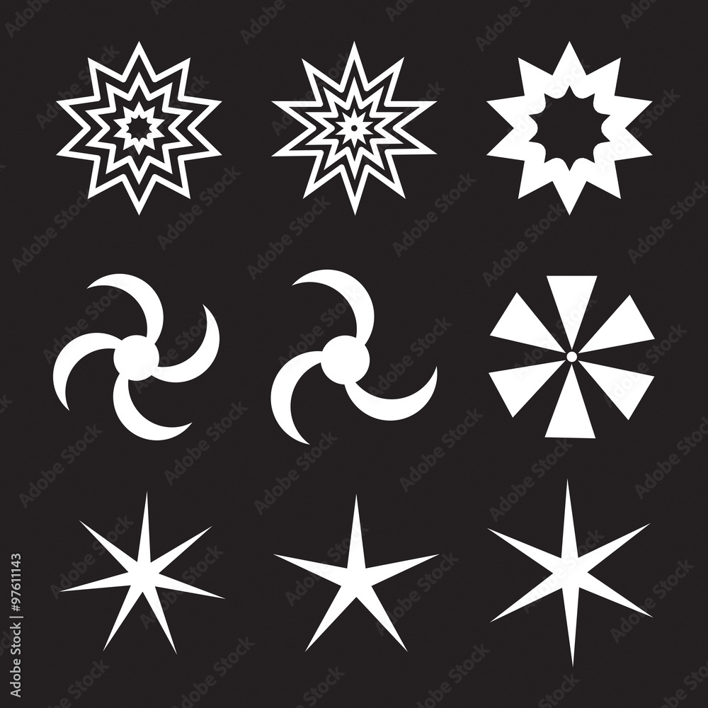 Set of sparkles star on black background, star rays collection Set of sparkles star on black background, star rays collection