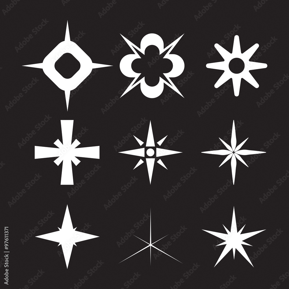 Sparkles and starbursts symbols. Lens or glass flare. Flat stars glitter, logo. Sparkles and starbursts symbols. Lens or glass flare. Flat stars glitter, logo.