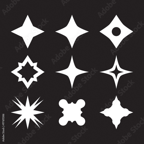 Sparkles and starbursts symbols. Lens or glass flare. Flat stars glitter, logo.