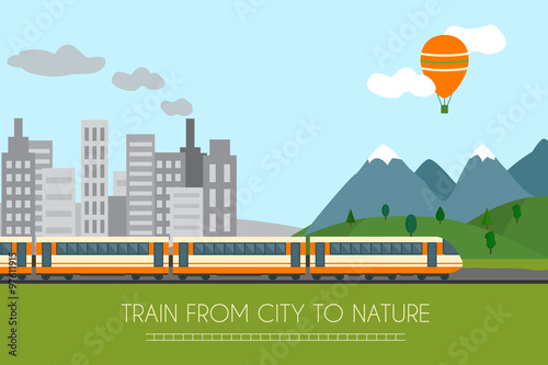 Train on railway from city to nature