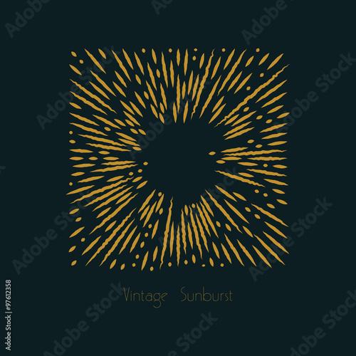 Retro hand drawn gold sunburst. Sun ray frame in vintage hipster style. Badge and burst, radial. Vector illustration