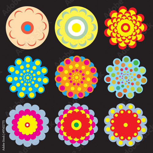 Ornament round flower set like mandala. Geometric circle floral vector elements. Modern, contemporary, ethnic ornamental floral designs. Oriental indian, chinese style.