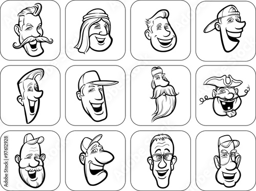 diverse men faces outline vector illustration