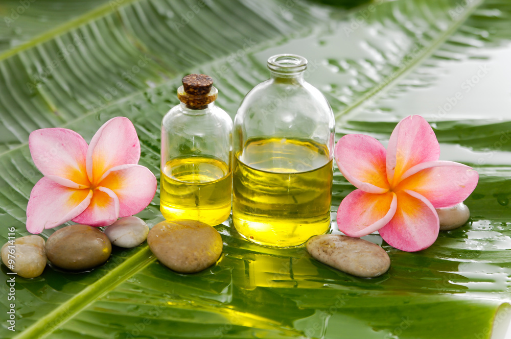 Spa set on banana leaf with pink Spa set on banana leaf with pink