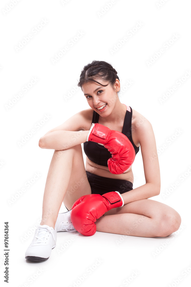 Boxer woman. Boxing fitness woman smiling happy wearing red boxing gloves on white background. Boxer woman. Boxing fitness woman smiling happy wearing red boxing gloves on white background.