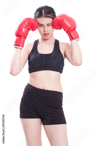 Boxer - fitness woman boxing wearing boxing gloves on white background.