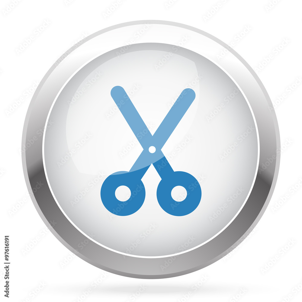 Blue Scissors icon on white glossy chrome app button Blue Scissors icon on white glossy chrome app button