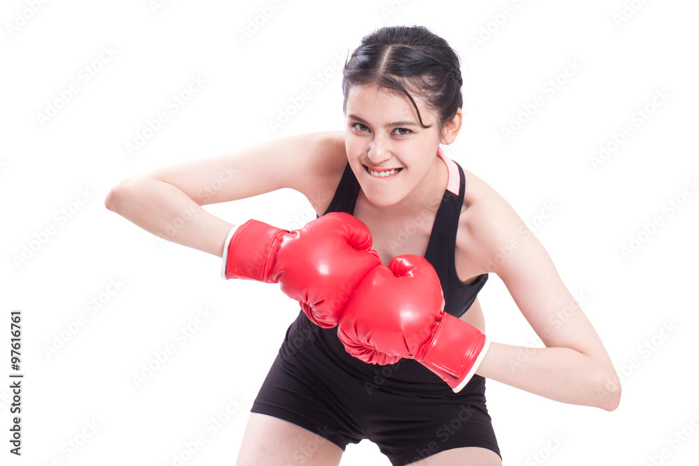 Boxer - Portrait of fitness woman boxing wearing boxing red gloves on white background. Boxer - Portrait of fitness woman boxing wearing boxing red gloves on white background.