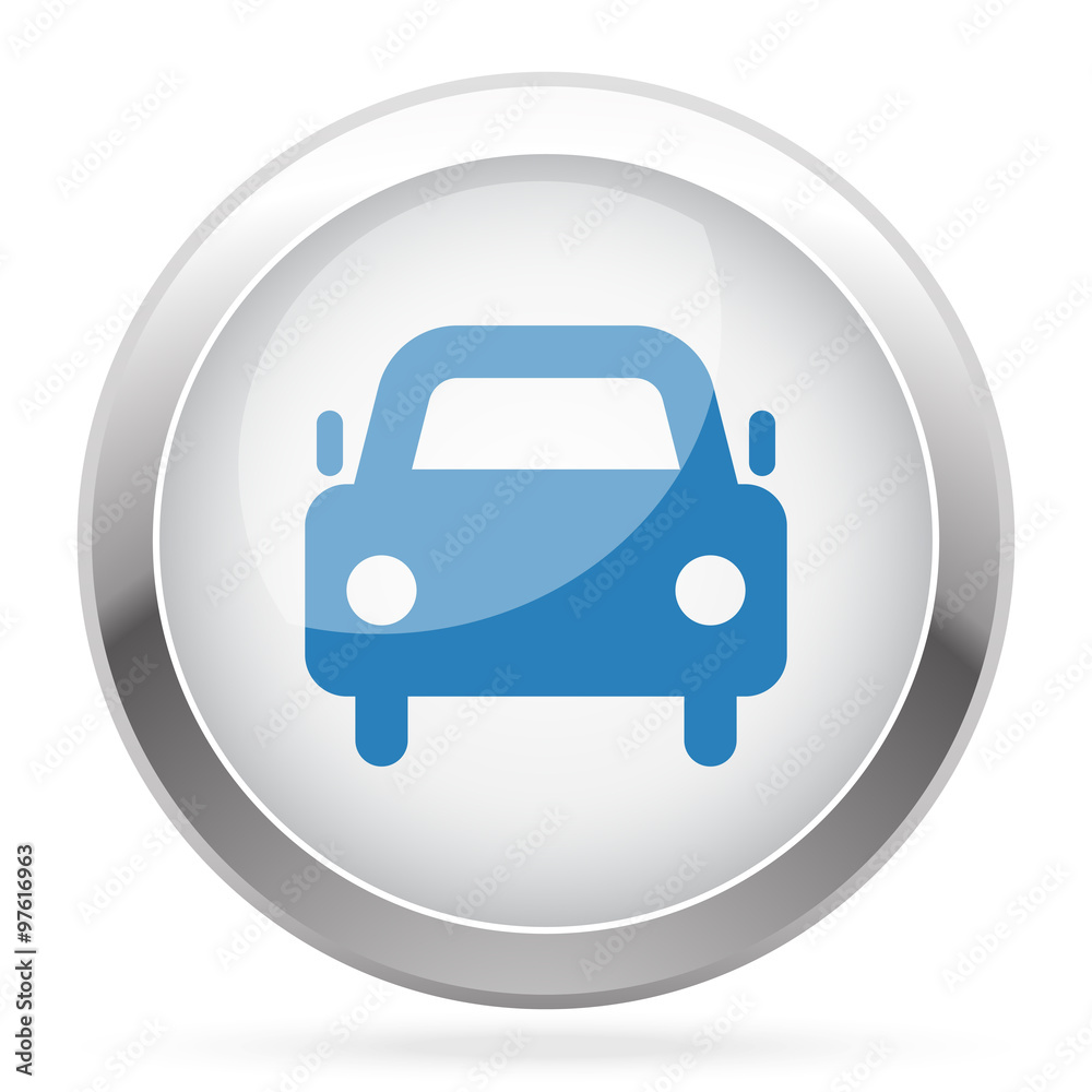 Blue Car icon on white glossy chrome app button Blue Car icon on white glossy chrome app button
