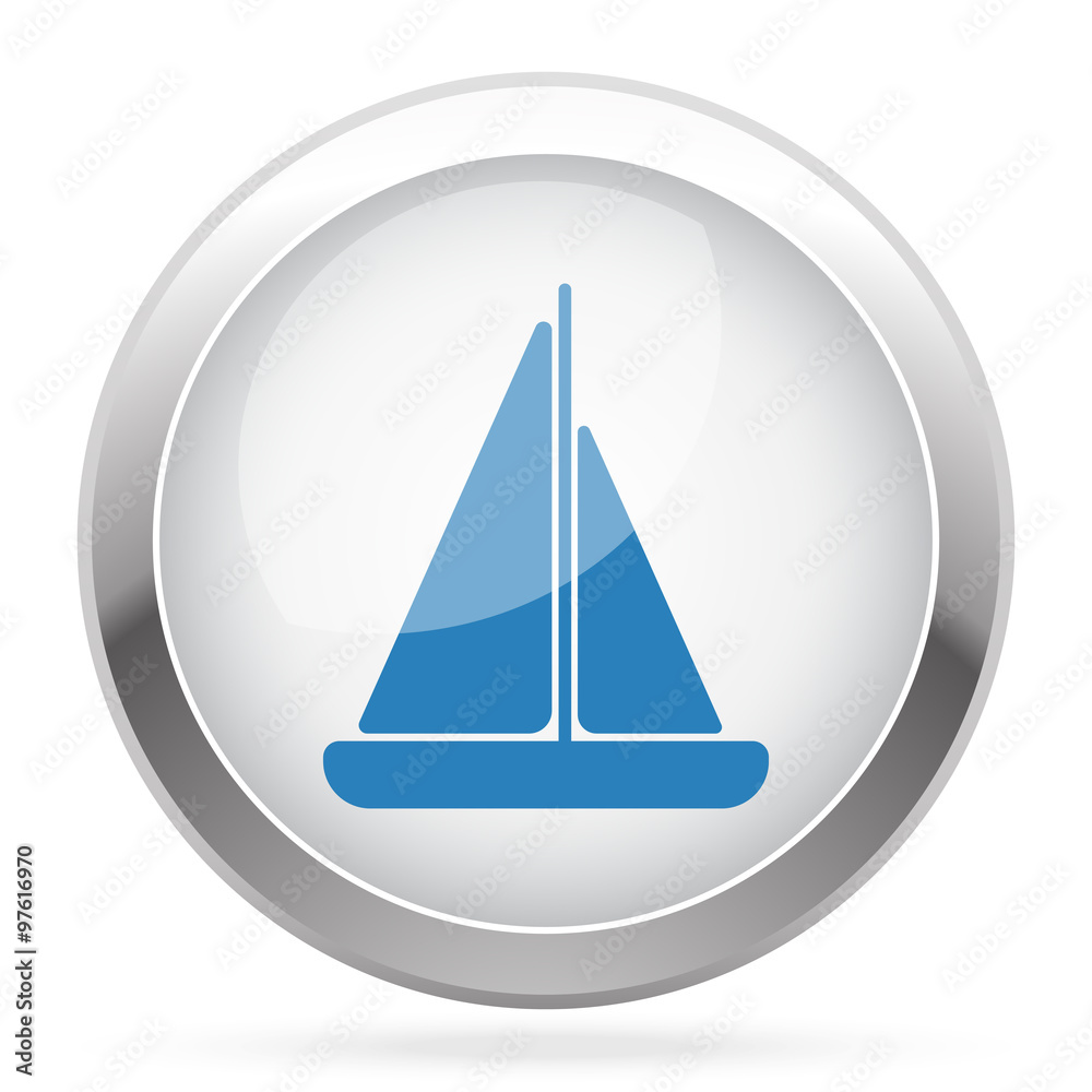 Blue Sailboat icon on white glossy chrome app button Blue Sailboat icon on white glossy chrome app button