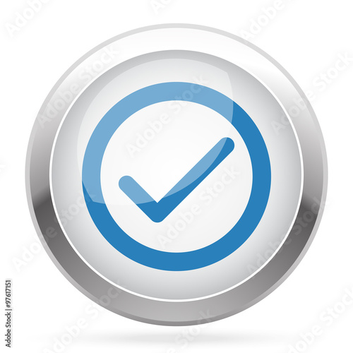 Blue Confirm icon on white glossy chrome app button