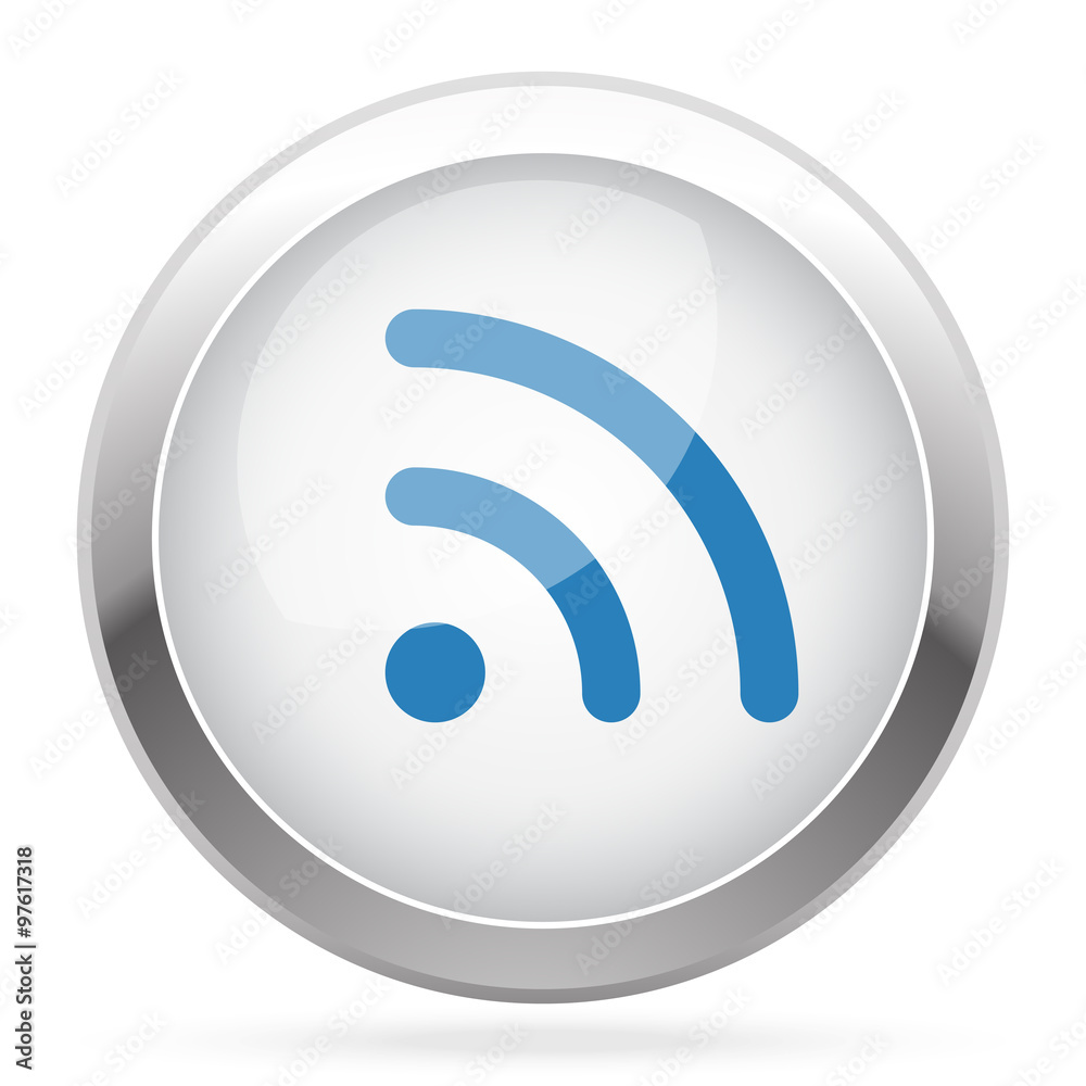 Blue Rss icon on white glossy chrome app button Blue Rss icon on white glossy chrome app button