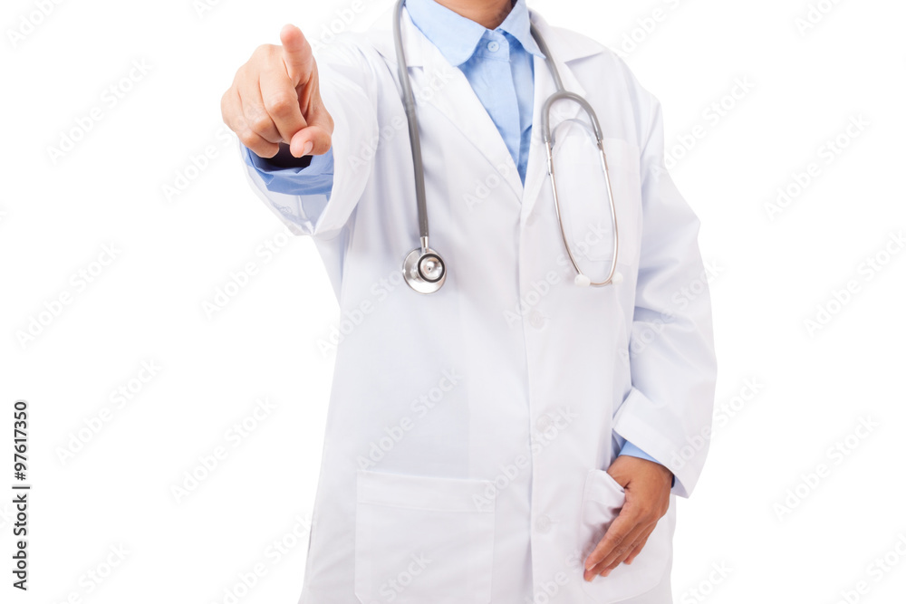 Doctor with stethoscope point finger up, empty copy space, on white background Doctor with stethoscope point finger up, empty copy space, on white background