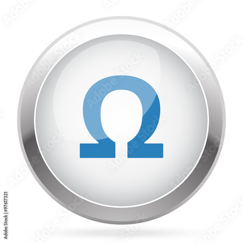 Blue Omega icon on white glossy chrome app button