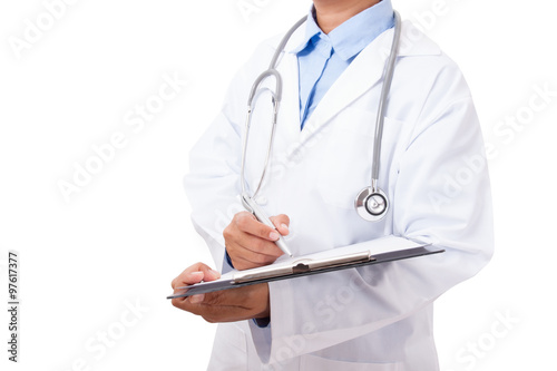 Doctor writing a medical prescription on white background