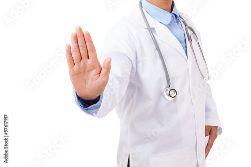 Hand of doctor showing warning sign on white background.