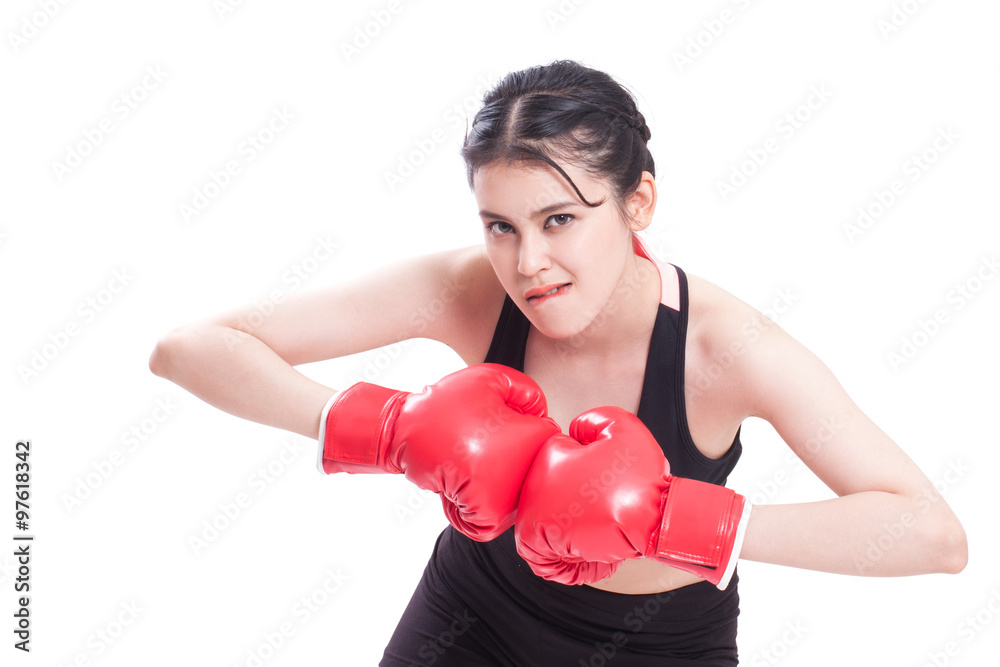 Boxer - fitness woman boxing wearing boxing gloves on white background.