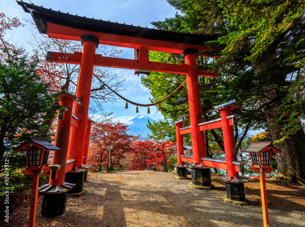 Torii gate to chureito pagoda in autumn, Fujiyoshida, Japan