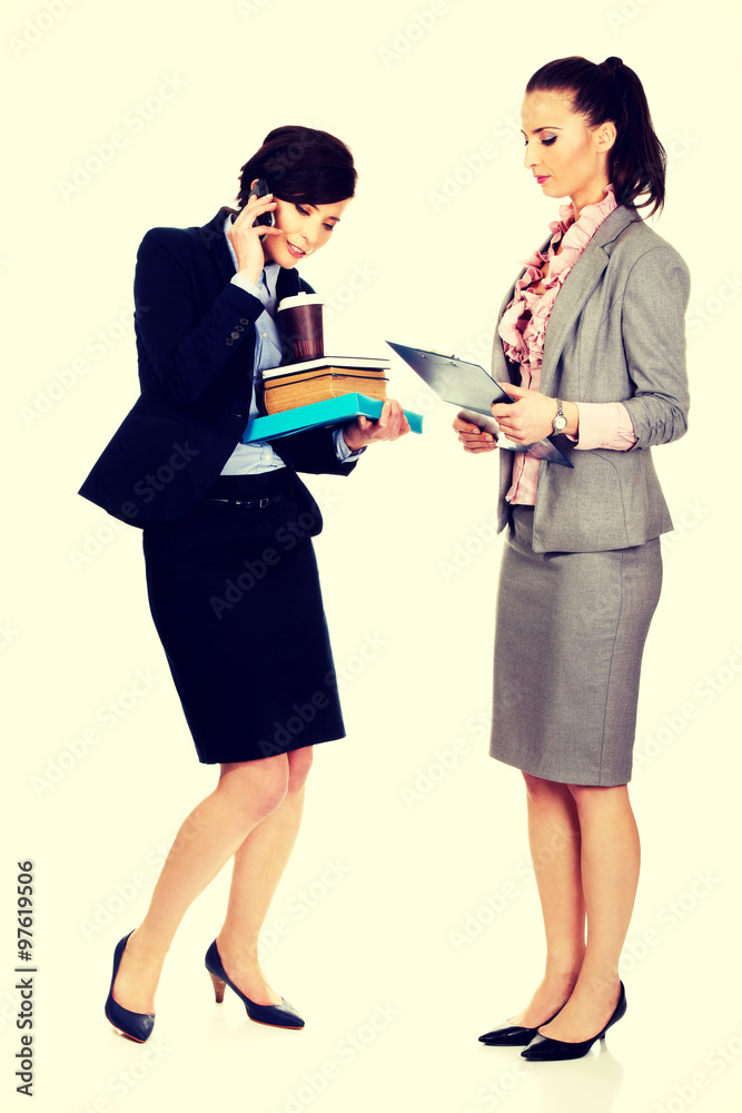 Two businesswomans discussing with eachother. Two businesswomans discussing with eachother.