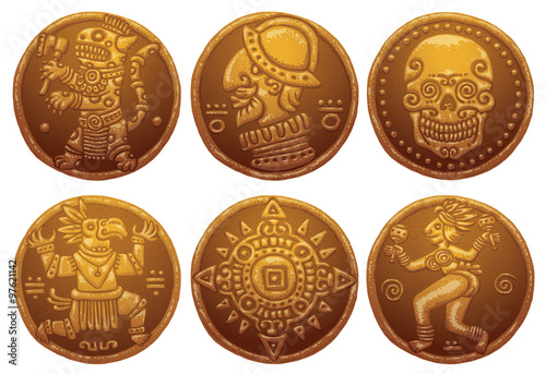 Vector Ancient Gold Coins set. Cartoon image of six ancient gold coins with different engraving on a white background.