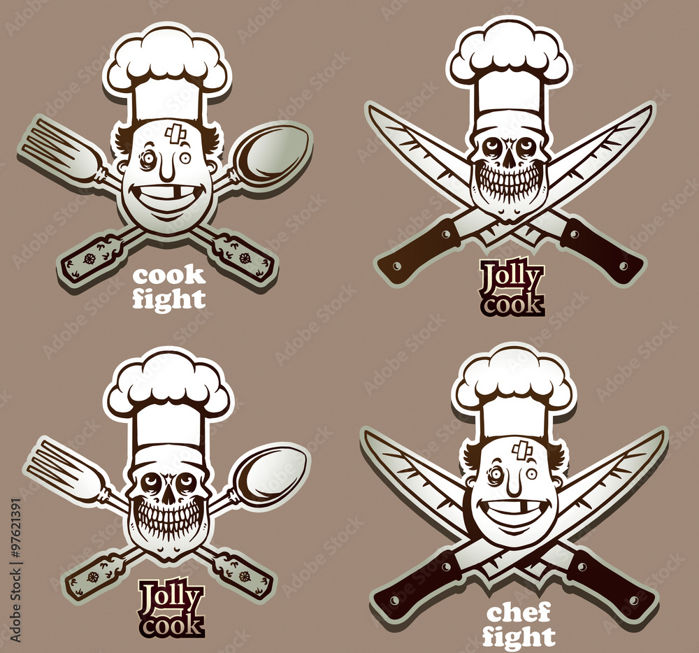 Vector cartoon image of four monochrome cooking emblems in the form of heads in the chef's hats and with crossed cutlery on a gray background. Vector cartoon image of four monochrome cooking emblems in the form of heads in the chef's hats and with crossed cutlery on a gray background.