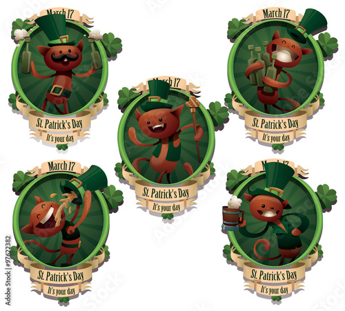 Vector cartoon image of five green round labels with funny red cats in green hat with a beer in the center on a light background. In the theme of St. Patrick's Day. 