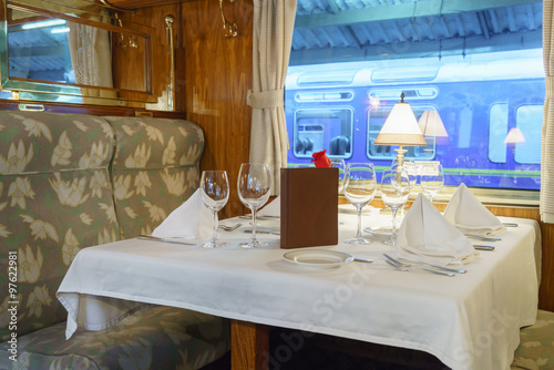 Dining table in first class train car, Machu Picchu, Cusco Region, Urubamba Province, Machupicchu District, Peru