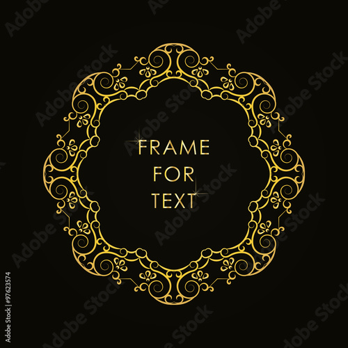 Elegant golden frame in trandy outline style with space for text, isolated on black background