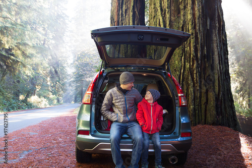 family in redwood forest