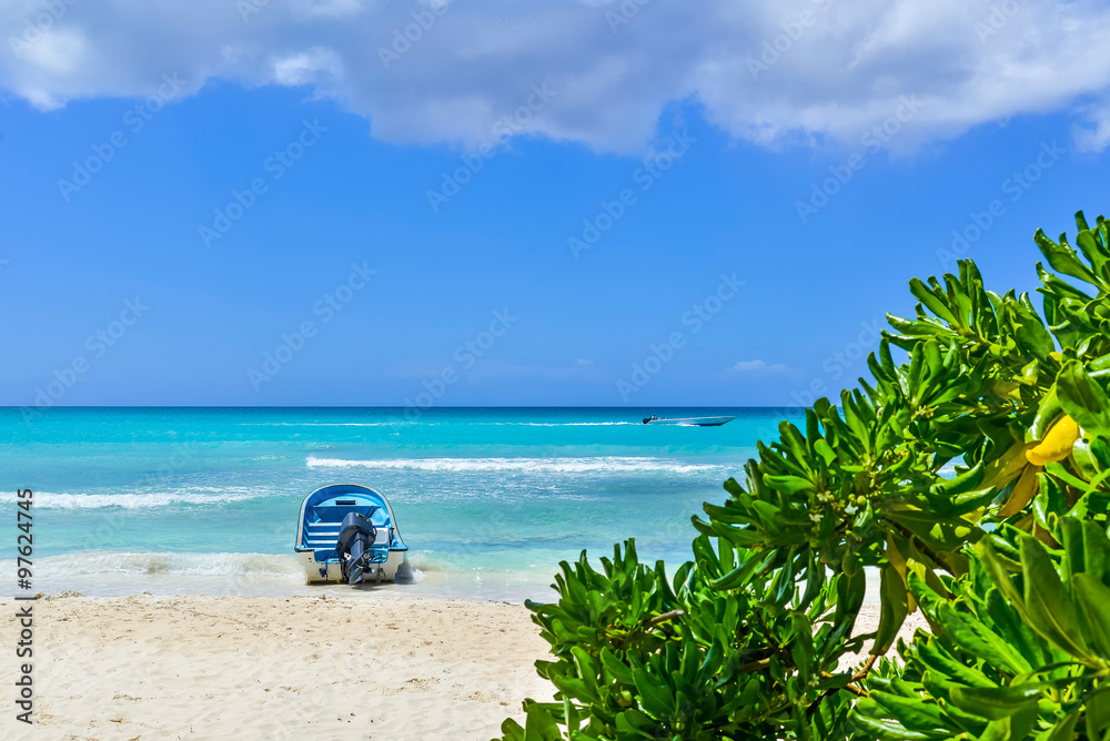 Boat on Tropical Beach at Exotic Island