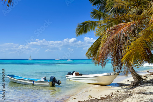 Boats and Palm Trees on Exotic Beach at Tropical Island