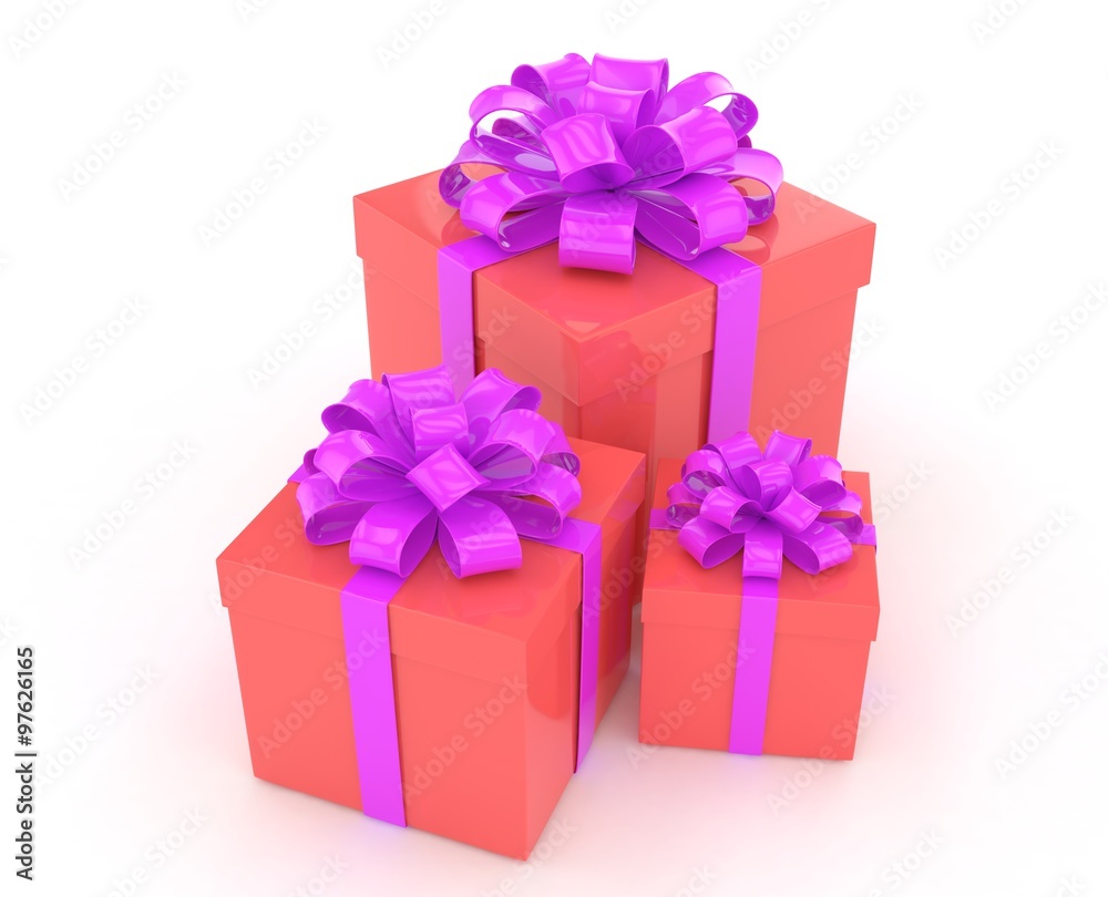 three gift boxes with bows isolated on white three gift boxes with bows isolated on white