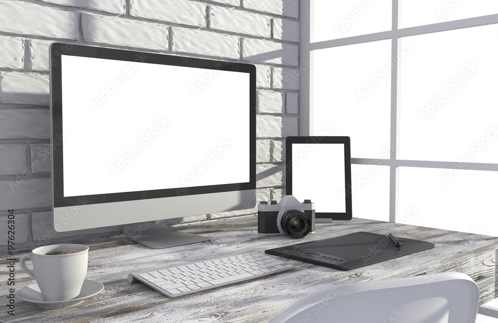 Fototapeta premium 3D illustration PC screen on table in office, Workspace